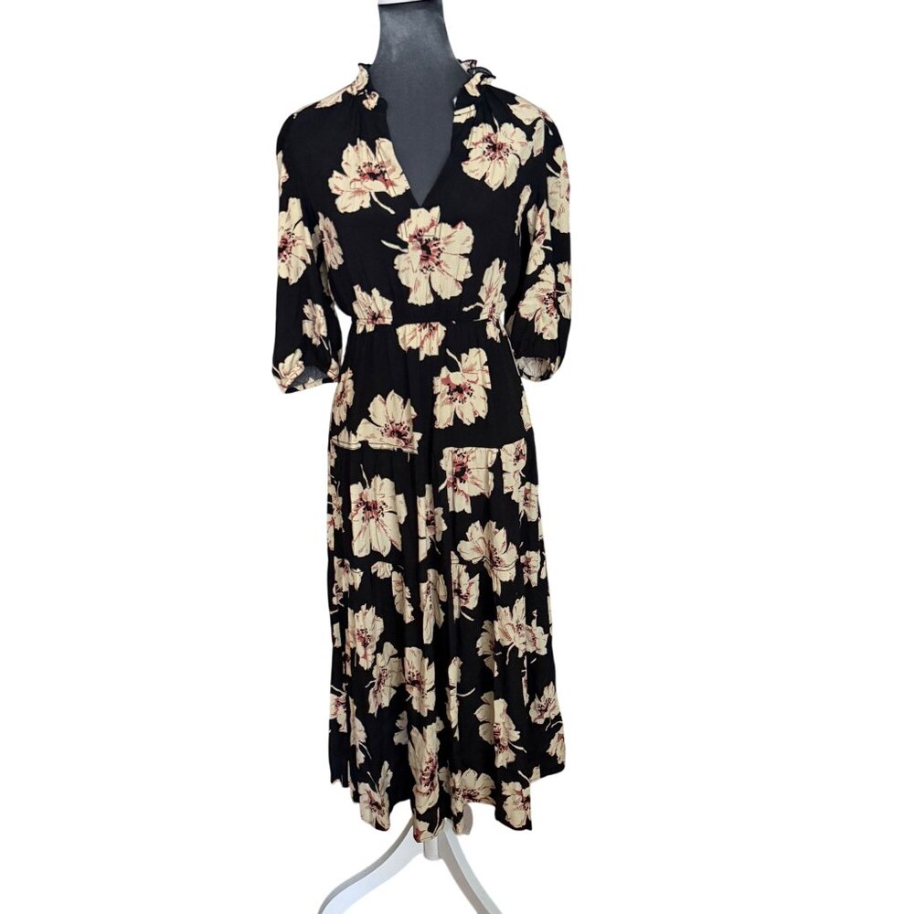 Ba&Sh XS Black Floral Midi Dress